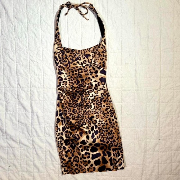 Y2K Cache Leopard Satin Halter Mini Dress – Size 2 - Picture 1 of 7